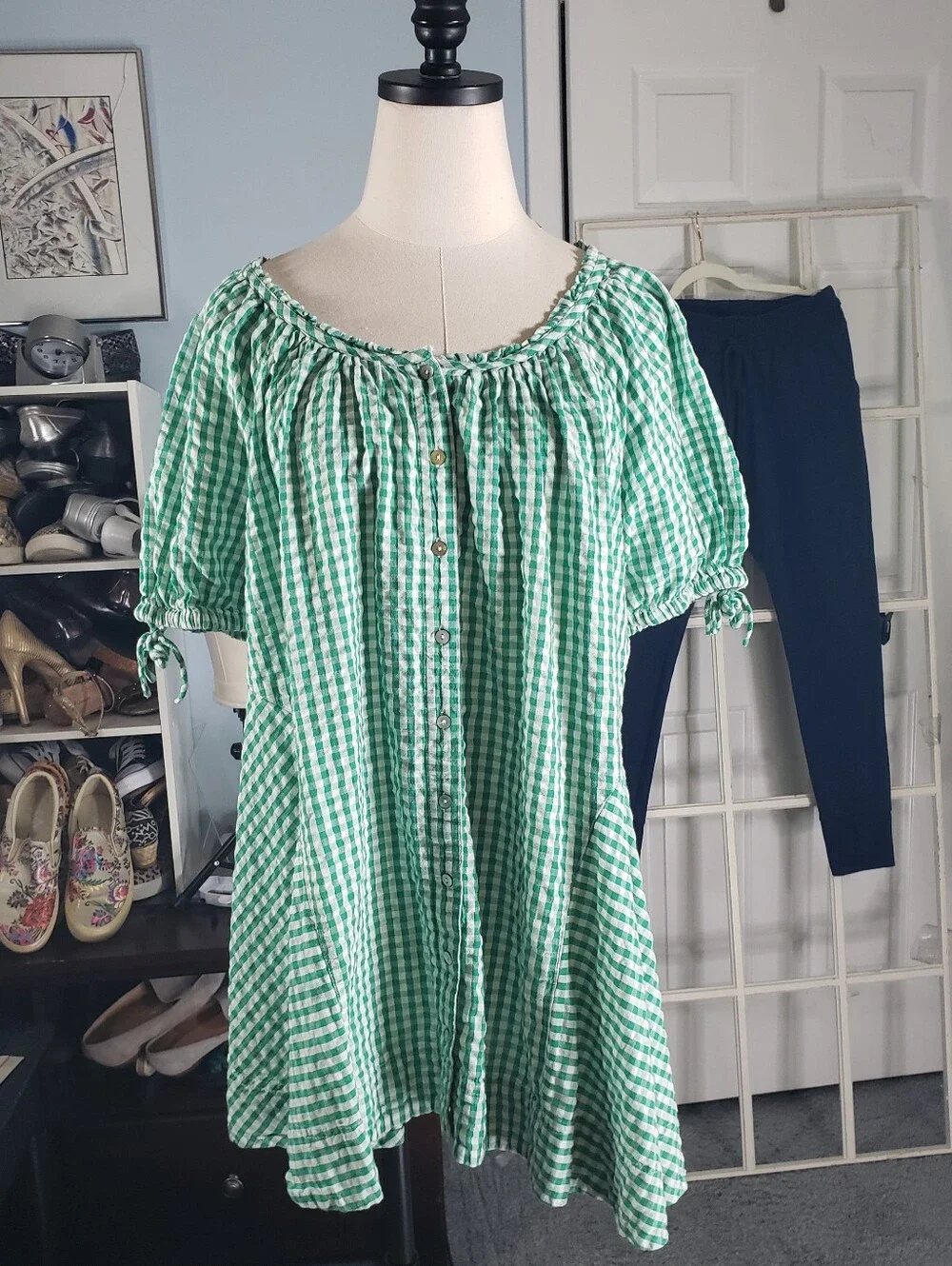 Free People Farley Gingham Tunic Mini Shirt Dress L Puffed Tie Sleeves Cottage